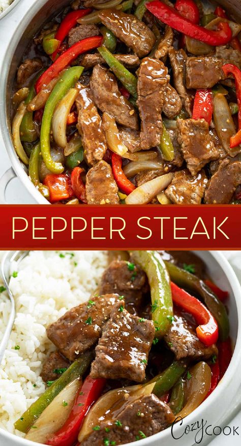 Pepper Steak is an easy stir fry recipe that you can make on the stove top with steak, onions, peppers, and a savory sauce! Serve this with rice or noodles for an easy dinner idea. Pepper Steak Recipe Easy, Peper Steak, Pepper Steak And Rice, Pepper Steak And Onions, Steak With Onions, Steak Peppers, Crockpot Foods, Chinese Pepper Steak, Cooking Steak