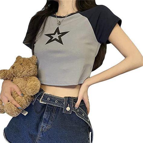 Womens Y2K Print Crop Tops Graphic Letter Print Summer Short Sleeve Tee T-Shirts E-Girls Teen Aesthetic Top Streetwear Cropped Tee Outfit, Sweat Clothes, Crop Tops Graphic, Anime Tshirts, Crop Tops Y2k, Graphic Star, Aesthetic Tees, Kawaii Grunge, Teen Aesthetic