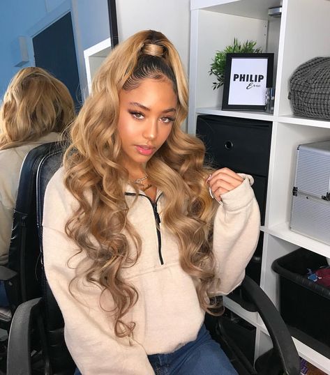 Inches💕🤩 Half up half down slay using Haìress velvet straight 24 26 26 26 coloured from black! styled in soft curls on @ameliamonet 💕… Amelia Monet, Flowy Hair, Weave Ponytail Hairstyles, Ponytail Styles, Lace Hair, Blonde Wig, Hair Weave, Black Girls Hairstyles, Hair Bundles