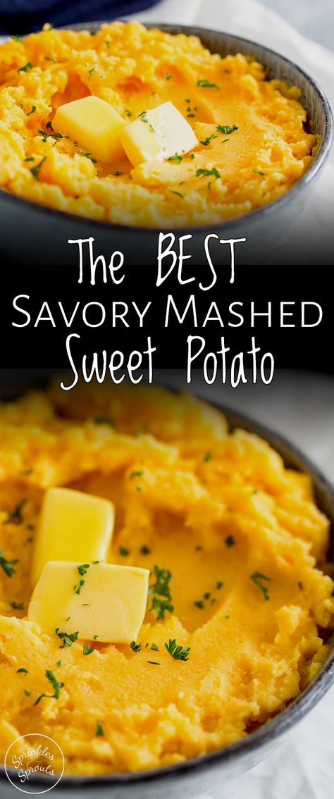 Learn how to make the BEST savory mashed sweet potatoes ever. They make a great healthy, low carb option perfect as a side dish for your midweek meal, as well as Easter, Thanksgiving or Christmas. The boiled sweet potatoes are mashed until smooth and then mixed with butter and sour cream, to create an easy and quick side, that doesn't take up oven space. Plus boiling them makes them extra soft, smooth and creamy. Mashed Sweet Potato Recipe, Savory Mashed Sweet Potatoes, Healthy Thanksgiving Sides, Mashed Sweet Potato, Sweet Potato Recipes Healthy, Sweet Potato Recipe, Healthy Potato Recipes, Healthy Low Carb, Healthy Thanksgiving