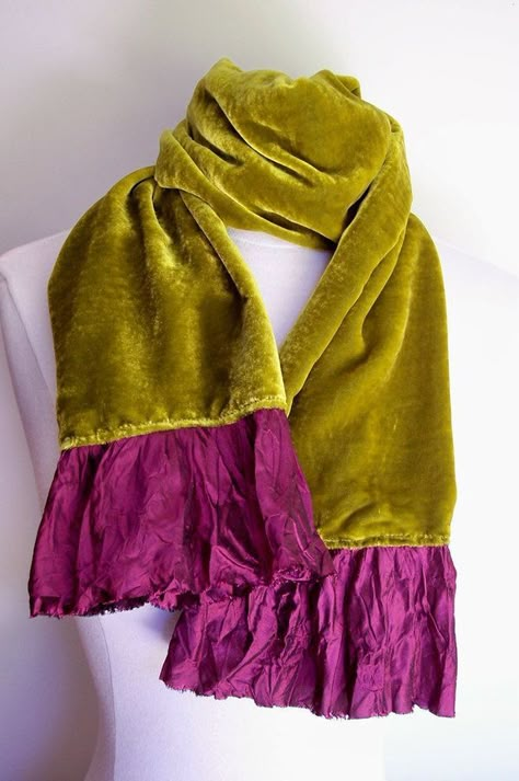 Chartreuse Velvet, Modern Brooch, Velvet Scarf, Scarf Handmade, Scarf Women Fashion, Upcycled Fashion, Velvet Fashion, Refashion Clothes, Silk Velvet