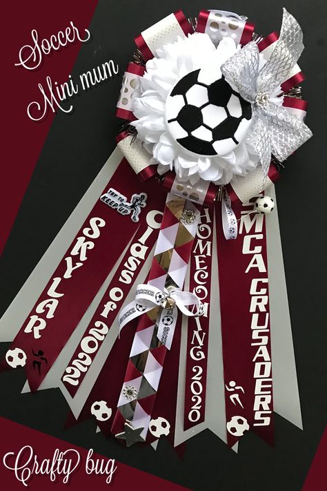 Soccer theme mum. Burgundy Senior Mums Homecoming, Strawberry Shortcake Outfits, Mums Homecoming Senior, Senior Mums, Homecoming Corsage, Football Mums, Homecoming Garter, Homecoming Spirit, Spirit Week Outfits