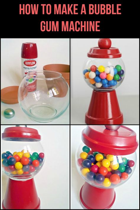 Gum Machine Diy, Diy Bubble Gum Machine, Bubble Gum Centerpieces Party Ideas, Bubble Gum Machine Decor, Bubble Gum Classroom Theme, Bubble Gum Birthday Party, Candy Dish Ideas, Bubble Gum Machine Costume, Home Made Gumball Machine