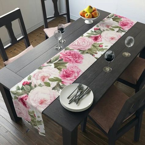 Polyester Table Runner Rose Spring Summer Seasonal - Temu Printed Table Runner, Summer Table, Spring Summer Decor, Summer Tables, White Peonies, Decor Spring, Summer Linen, Table Flowers, Elegant Dining