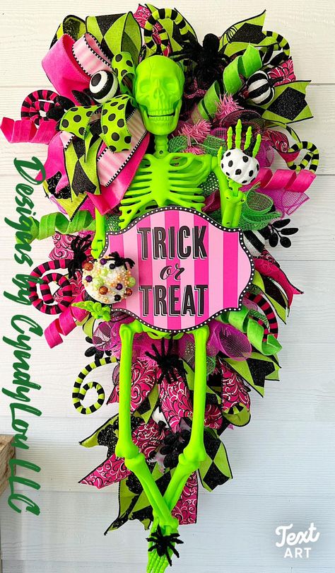 ### Spooky and Fun Halloween Door Wreath - Trick or Treat Transform your front door into a festive and spooky display with this vibrant Halloween door wreath. Handcrafted by Designs by cyndylouLLC, this unique wreath combines playful and eerie elements to celebrate the Halloween season. **Features - **Bold Colors Bright neon green and hot pink elements for a striking look. - **Fun Details Includes a neon green skeleton, playful ribbons, and colorful ornaments. - **"Trick or Treat" Sign A promine Witch Hat And Legs Wreath, Boujee Decor, Neon Green Skeleton, Halloween Flower Decorations, Hot Pink Pumpkin, Halloween Swags, Black Light Halloween, Beetlejuice Wreath, Colorful Halloween Decor