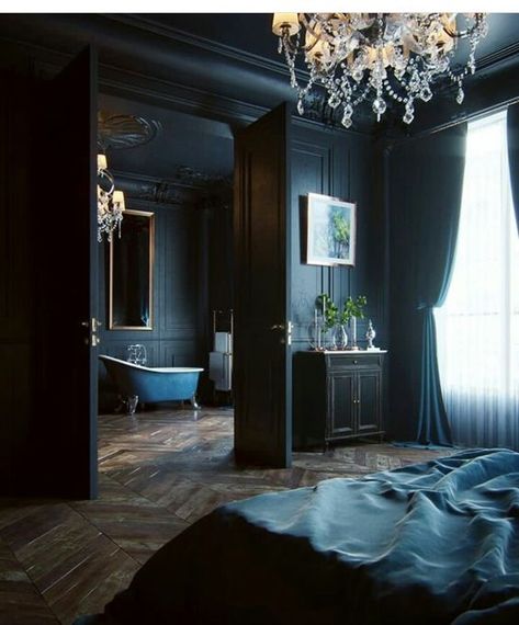 Dark Blue Apartment With Chandelier - Image Via Studentshow.com:gallery:54502505:black Haussmann Cgi Moody Interiors, White Interior Design, Interior Minimalista, Black And White Interior, Dark Home, Dark Walls, Dark Interiors, Gothic House, Blue Bedroom