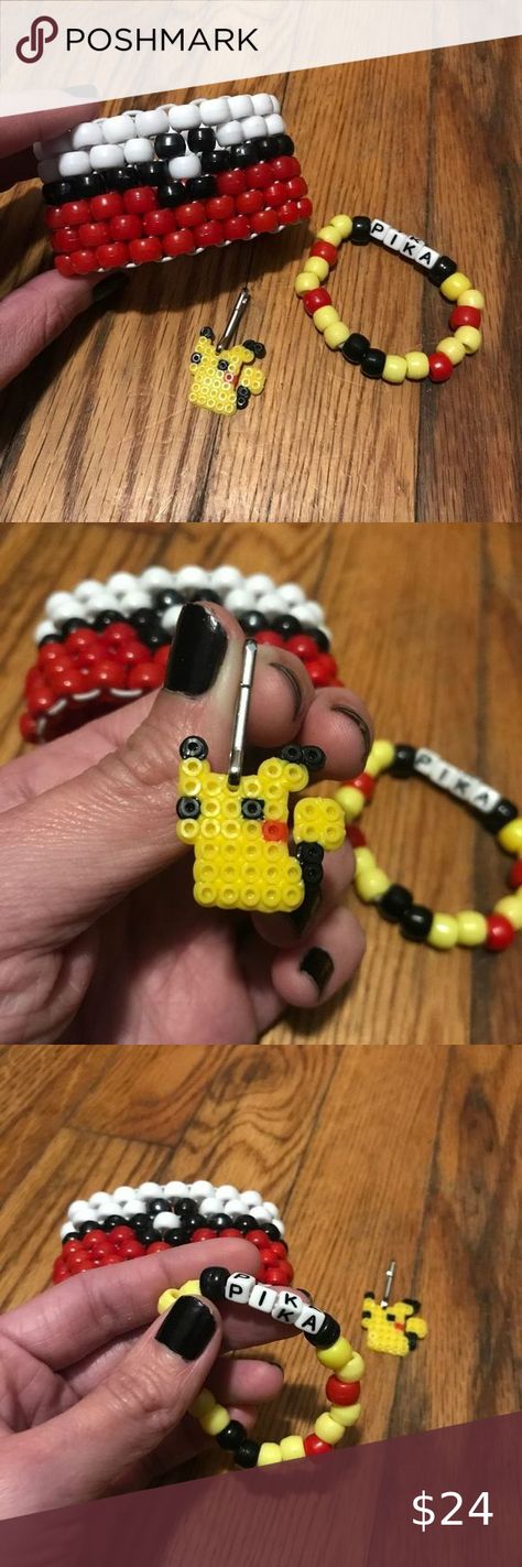 Handmade Pokémon Pikachu Pika Pokeball Bracelet Kandi Cuff Keychain Set Pikachu Bracelet, Pokemon Bracelet, Kandi Kids, Kandi Beads, Pony Bead Bracelets, Pokemon Diy, Mini Bracelet, Kandi Kid, Bracelet Craft