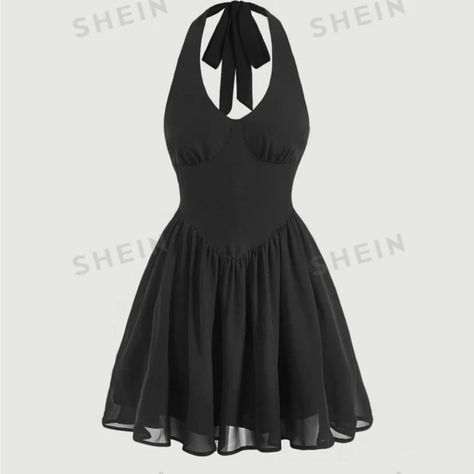 Shein Mod Solid Backless Halter Neck Dress Material: 100% Polyester Brand New Cheap Black Dresses, Y2k Halter Dress, Gothic Fits, Strappy Backless Dress, Black Halter Neck Dress, Backless Sequin Dress, Black Flare Dress, Black Sundress, Floral Print Sundress