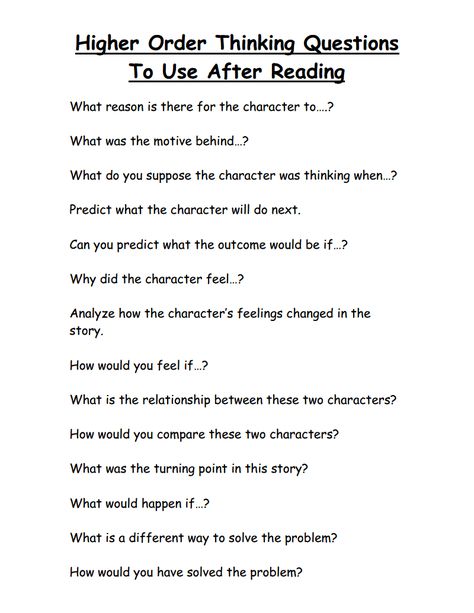 Higher Order Thinking Questions To Use After Reading.pdf Dok Level 3 Activities, Higher Level Thinking Questions, High Order Thinking Questions, Barrett's Taxonomy, Critical Thinking Worksheets, Worksheets For 5th Grade, Higher Order Thinking Questions, Bloom's Taxonomy, Critical Thinking Questions