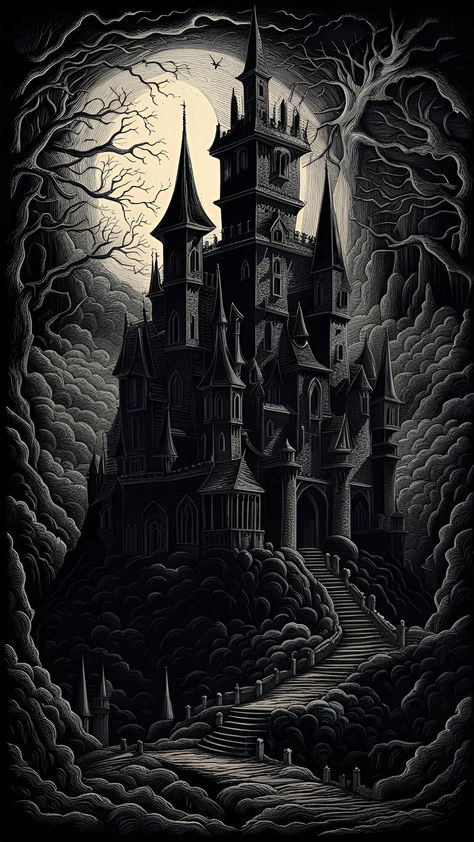 Draculas Castle Tattoo, Gothic Castle Drawing, Dark Castle Tattoo, Spooky Castle, Dracula Drawing, Dracula Tattoo, Haunted House Drawing, Vampire Castle, Castle Tattoo