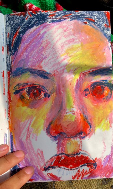 Abstract portrait/ oil pastel art/ color pencil drawing/ mixed media art/ vibrant colors/ expressive portrait *IG & tiktok: notradpat Sketchbook Art Inspiration Color Pencil, Funky Portrait Art, Funky Self Portrait, Oil Pastel Art Reference, Oil Pastel Art Portrait Faces, Pastel Face Drawing, Chalk Pastels Art, Oil Pastels Abstract, Pastel Self Portrait