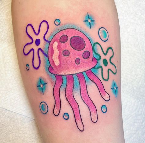 jellyfish from my spongebob flash for bee 🪼✨ thank you so much for your continued support friend! <3 and thanks for looking y’all! DM TO BOOK 🤓👍🏻💕 - - - - - #spongebobtattoo #spongebobsquarepants #jellyfishtattoo #tattooapprentice #omahatattoos #iowatattooartist Spongebob Jellyfish Tattoo, Spongebob Tattoo Ideas, Spongebob Jellyfish, Spongebob Tattoo, Nerdy Tattoos, Pop Art Tattoos, Jellyfish Tattoo, Tattoos Men, Movie Tattoos