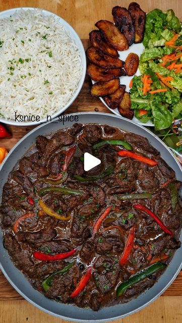 Kay on Instagram: "JAMAICAN PEPPERED LAMB (SAME RECIPE FOR PEPPER STEAK), WHITE RICE, FRIED PLANTAIN AND SALAD 🇯🇲🧨🔥💣💥💃🏽🤤🥵💯. Juicy, tender, lamb strips in a tasty sauce, this is traditionally made with steak. Lamb cut into strips and spiced with an array of seasonings like pimento, paprika, scotch bonnets and more flavours to get your tastebuds spinning 😵‍💫🤤. . . DM FOR MORE INFO TO GET MY DAILY RECIPES. . . #pepperedsteak #jamaicanfood #jamaica #delicious #explore #omgpage #viral #foodvideo #foodreels #caribbean #food #dinnerideas #foodinsta #instagood #insta #steak #lamb #thebest #usa #southcarolina #texas #atlanta #louisiana #utah #arizona #montreal #vancouver #bronx #newyork #dancehall" Jamaican Pepper Steak Recipe, Fried Plantain, Lamb Cuts, Steak And Rice, Pepper Steak Recipe, Rice Fried, Lamb Steaks, African Dishes, Jamaican Dishes