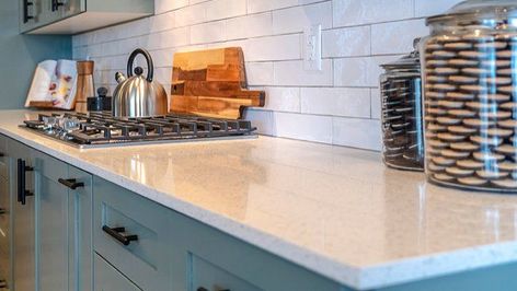 "The different types of countertop edges include a beveled edge and an ogee edge along with a bullnose or half-bullnose edge." Bullnose Quartz Countertop, Pencil Edge Quartz Countertop, Bevel Edge Countertop, Half Bullnose Edge Countertop, Beveled Countertop Edge, Beveled Edge Countertop, Counter Top Edge Options, Countertop Edges Quartz, Bevel Countertop Edge