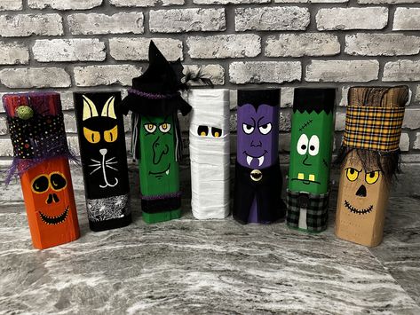 Easy Wood Halloween Decorations, Dracula Wooden Block, Witch Faces For Halloween, Witch Faces Painted On Wood, Halloween Wood Blocks, Halloween Crafts For Adults Decoration, Cat Wood Crafts, Wooden Halloween Crafts, Wood Block Pumpkins