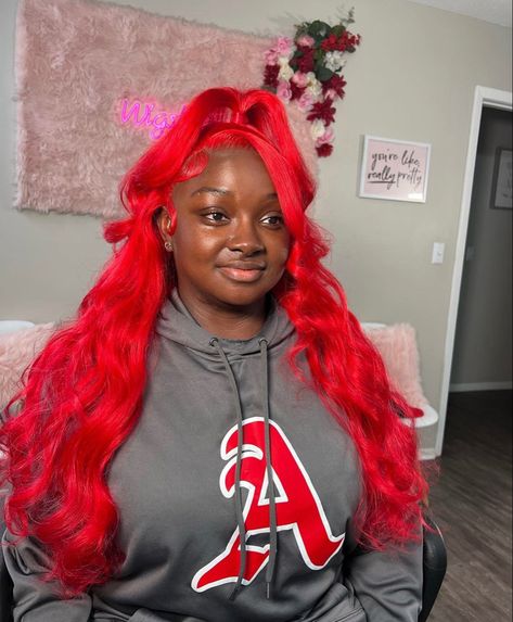 Red Half Up Half Down Weave, Red Frontal Wig Hairstyles, Half Up Half Down Frontal Wig, Half Up Half Down Lace Front Wig, Red Quick Weave, Dolly Hair, Red Weave Hairstyles, Hair Knots, Teenage Hairstyles