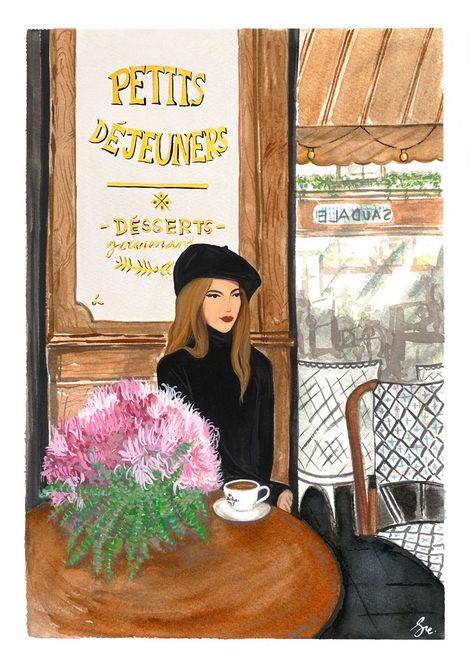 Cafe Illustration, Cafe Pictures, Parisian Art, Paris Painting, Gouache Paint, Parisian Cafe, Paris Girl, Cafe Art, Painting Of Girl