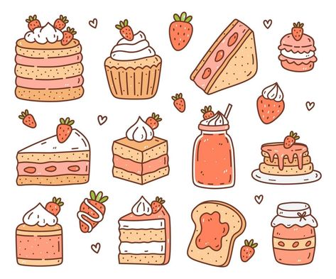 Cute set with strawberry desserts and drinks isolated on white background. Vector hand-drawn illustration in doodle style. Perfect for cards, logo, decorations, menu, stickers, various designs. Dessert Cute Drawing, Dessert Drawings Easy, Cute Pastry Drawings, Cute Desserts Drawings, Strawberry Desserts Drawing, Strawberry Doodle Aesthetic, Cute Doodles Food, Cute Food Art Drawing Illustrations, Kawaii Dessert Drawing