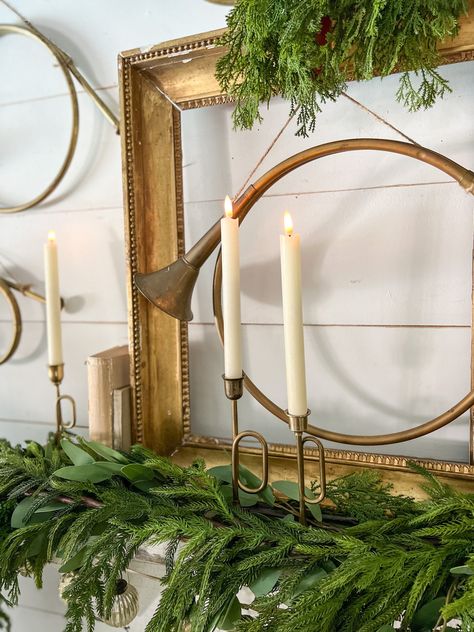 French Horn Decorating Ideas, Brass Horns Christmas Decor, European Christmas Decor Ideas, Vintage Brass Horn Christmas Decor, Brass Horn Christmas Decor, French Horn Christmas Decor, French Country Christmas Decor Ideas, Thrifted Christmas Decor, French Christmas Decorations