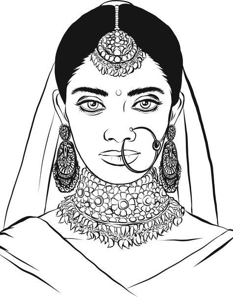 A lovely, dark-skinned young girl in a national holiday dress. Indian culture. Pink silk and precious jewelry; earrings, necklace, nose ring and teak on the hair. Brown eyes, black hair. Isolated. - Векторная графика Animation Portrait, Monochrome Drawing, Shirt Card, Crown Drawing, Fashion Illustrations Techniques, Background Print, Woman Sketch, Jewelry Illustration, Drawing Faces