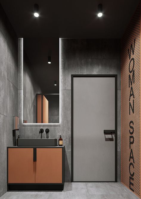 Smart office and coworking place, Krasnodar on Behance Office Toilet Ideas, Toilet Office Design, Office Toilets Interior, Bathroom Office Design, Office Toilet Design Modern, Office Toilet Design, Modern Office Bathroom, Office Bathroom Ideas, Smart Office Design