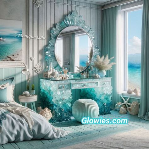 Mermaid Grotto Room Aesthetic, Mermaid Inspired Room, Fae Bedroom, Hogwarts Dorm Room, Sea Bedroom Ideas, Jordan Visit, Ocean Room Ideas, Sea Bedrooms, Monique Lula