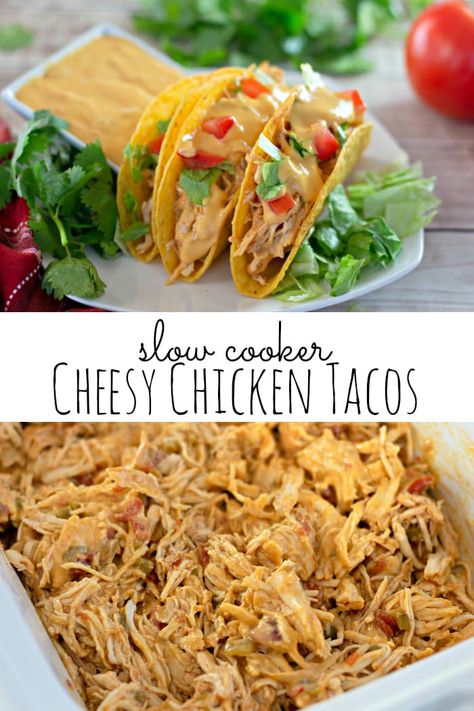 Take your Taco Tuesday feast to the next level with these Slow Cooker Queso Chicken Tacos! Tender shredded chicken is mixed with salsa con queso, diced tomatoes and green chiles, then loaded into your favorite tortillas. Tacos With Queso, Cheesy Chicken Tacos, Slow Cooker Queso Chicken, Queso Chicken Tacos, Slow Cooker Queso, Crockpot Chicken Tacos Recipes, Queso Chicken, Chicken Ranch Tacos, Shredded Chicken Crockpot