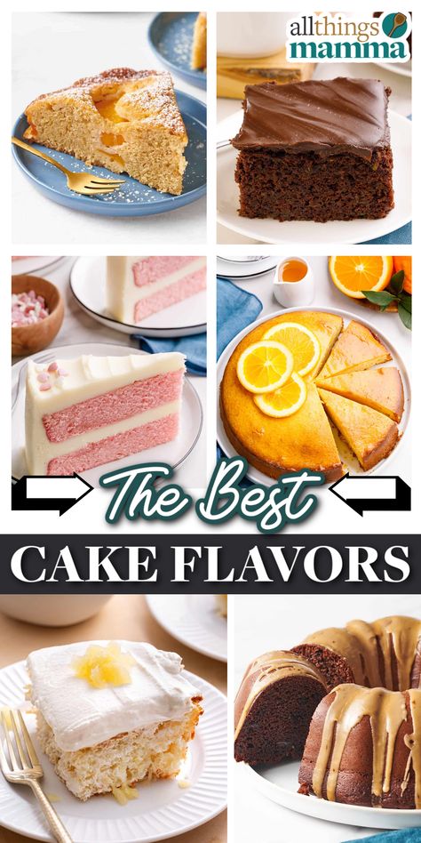 6-image collage of a variety of cake recipes and flavors, including peach cake, chocolate zucchini cake, kahula chocolate cake, pineapple upside down cake, orange cake, pink velvet cake. Different Birthday Cake Flavors, Graduation Cake Flavors, Different Flavor Cakes, Unique Birthday Cake Flavors, Interesting Cake Flavors, Fun Cake Flavors, Cake Flavors And Fillings Combinations, Best Cake Flavors, Unique Cake Flavors