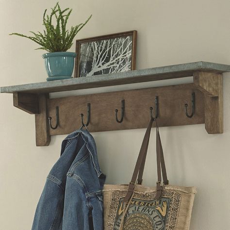 Coat Hook Shelf, Hook Shelf, Galvanized Metal Wall, Wall Shelf With Hooks, Entrance Wall, Decorative Shelving, Metal Wall Shelves, Shelf Wood, Diy Wall Shelves