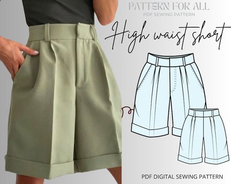 Sewing Pattern Free Pants, Pleated Shorts Sewing Pattern, High Waisted Pleated Shorts Pattern, High Waisted Shorts Sewing Pattern, Flared Shorts Pattern, Two Piece Set Sewing Pattern, Easy Sewing Projects For Beginners Clothes, Pants Sewing Pattern Free, Linen Pants Sewing Pattern