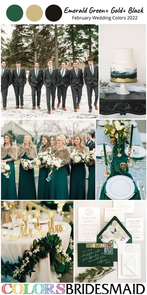 February Wedding Themes, February Wedding Ideas, February Wedding Colors, January Wedding Colors, Gold Beach Wedding, Emerald Wedding Colors, Emerald Green Wedding Theme, Hunter Green Wedding, Forest Green Wedding