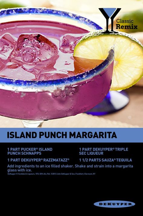 Island Punch Margarita | 1 Part Pucker® Island Punch Schnapps 1 Part Pucker® Raspberry Schnapps 1 Part DeKuyper® Triple Sec 1 1/2 Parts Sauza Tequila Island Punch Pucker, Punch Drink, Adult Beverages Recipes, Margarita Drink, Booze Drink, Blame It On The Alcohol, Candy Cocktails, Punch Drinks, Cheap Wine