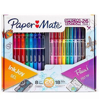 Paper Mate® will unleash your love of writing with this collection of InkJoy® Gel Pens and Flair® Felt Tip Pens. 26 assorted Paper Mate InkJoy and Flair Pens. Point Guard technology prevents fraying on Flair pens. Papermate Inkjoy Gel Pens, Paper Mate Pens, Felt Tip Pens, Flair Pens, Stationery Obsession, Bic Pens, Study Essentials, Writing Essentials, Paper Mate