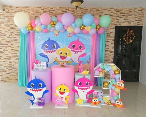 Baby Shark Birthday Party Girl Three, Pinkfong Birthday Party Decorations, Pastel Baby Shark Party, Birthday Trends 2023, Baby Shark Birthday Party Girl Two, Baby Shark Birthday Party Girl Decor, Baby Shark Theme Decoration, Pink Baby Shark Birthday Party, Baby Shark Theme Birthday Girl