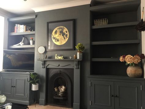 Living room build in cupboards and wall painted in Farrow & Ball downpipe Downpipe Farrow And Ball, Build In Cupboards, Brick Fireplace Log Burner, Farrow Ball Downpipe, Charcoal Living Rooms, Farrow And Ball Living Room, Alcove Cabinets, Wimborne White, Snug Room