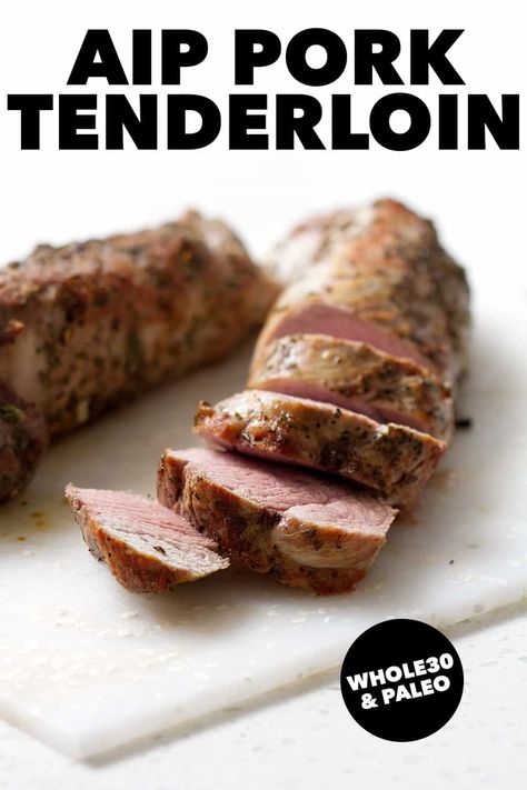 This 6-ingredient AIP Pork Tenderloin recipe can be made in just about 30 minutes. The pork is cooked to perfection and is super juicy. This recipe is allergy friendly and suits the Whole30, Autoimmune Protocol and Paleo diets. Pork Roast Seasoning, Aip Recipes Autoimmune Protocol, Paleo Pork Tenderloin, Pork Loin Crock Pot Recipes, Rosemary Roast, Aip Dinner, Aip Diet Recipes, Crockpot Pork Loin, Crockpot Pork Tenderloin