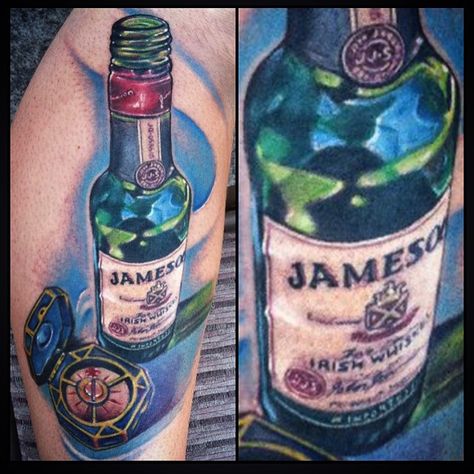 Jameson Whiskey and compas tattoo by Johnny Smith Whiskey Cup Tattoo, Whiskey Bottle Tattoo Design, Jameson Tattoo Whiskey, Bottle Of Whiskey Tattoo, American Traditional Whiskey Glass Tattoo, Whiskey Tattoo, Compas Tattoo, Jameson Whiskey, Tito's Vodka Bottle