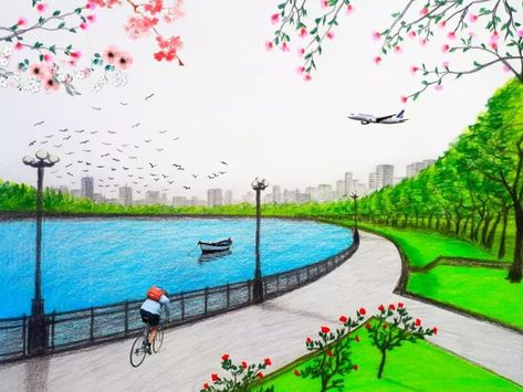 Spring season drawing Spring Landscape Drawing, Spring Season Drawing, Summer Season Drawing, Scenery Drawing Easy, Drawing Spring, Drawing Topics, Spring Drawing, Colour Drawing, Scenery Drawing