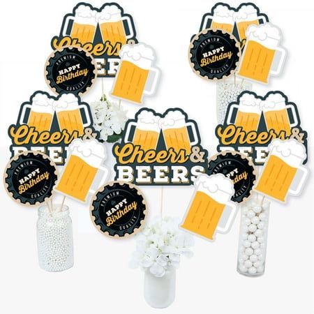 Bring your party theme to all areas of the celebration with Cheers and Beers Happy Birthday Table Toppers. Each heavy-duty card stock paper cutout quickly attaches to the included sticks to create centerpiece sticks that can be used in vases or floral arrangements at all your party tables. You can even add them to candy jars at your goodies table! Cheers and Beers Happy Birthday centerpiece sticks may also be used as photo booth props. You will love how versatile this fun party supply is while y Happy Birthday Cheers, Bottle Cap Table, Birthday Centerpiece, Graduation Party Centerpieces, Birthday Table Decorations, Colorful Birthday Party, Candy Birthday Party, Beer Theme, Birthday Party Centerpieces