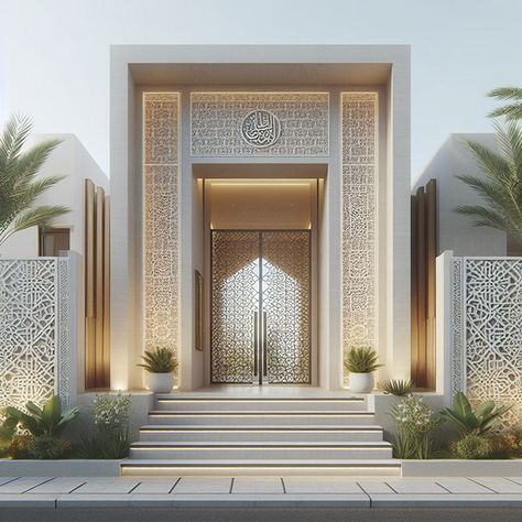 Islamic Facade, Islamic House Design Exterior, Modern Islamic Exterior Design, Islamic Residential Architecture, Islamic Door Design Entrance, Exterior Design, Arch, Entrance, Exterior