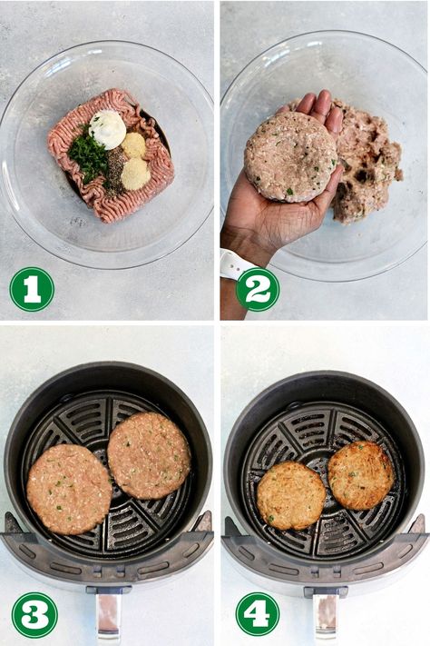 Juicy Air Fryer Turkey Burgers - The Foodie Physician Ground Turkey Burgers Air Fryer, Airfryer Turkey Burger, Air Fryer Turkey Patties, Air Fry Turkey Burger, Meal Prep Turkey Burgers, Ground Turkey Recipes Air Fryer, Ground Turkey Air Fryer Recipes, Turkey Burger Recipes Air Fryer, Chicken Burgers In Air Fryer