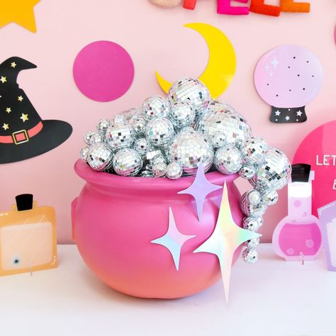 DIY Disco Cauldron - A Kailo Chic Life Disco Ball Jack O Lantern, Cauldron Painted Pumpkin, Disco Ball Cauldron, Disco Cauldron, Pink Halloween Diy, Disco Trunk Or Treat, Disco Halloween Party, Diy Cauldron, Disco Ghost