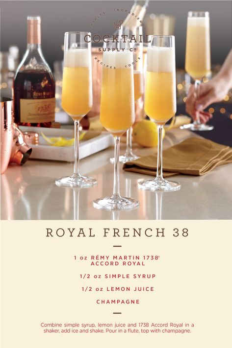 Stylish. Timeless. Aromatic. The Royal French 38 is a celebration of France’s finest flavors. Made with Remy Martin 1738 Accord Royal© and champagne, this effervescent elixir invites effortless elegance in every glass poured. 21+, drink responsibly. Remy Martin Cocktails, 1738 Remy Cocktails, Remy Martin Drinks, Limoncello Party, Remy Martin 1738, Champagne Mixed Drinks, Bar Promotion, Drink Mixers, Champagne Room