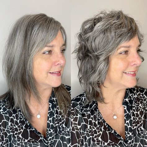 Edgy Haircuts For Thinning Hair, Medium Gray Shag Haircuts, Medium Shag For Thick Hair, Medium Length Shag Haircuts With Bangs Over 50, Shag Hair Over 50, Shag Hair Styles For Older Women, Shag For Fine Hair Over 50, Hair Color For 60 And Over, Shag For Wavy Hair Over 50