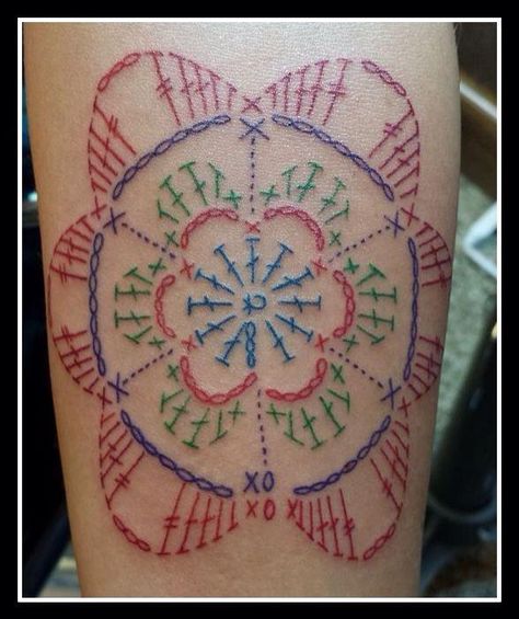 Crochet Chart Ink :0 I would get my favorite pattern or a granny square chart :0 Tattoo Diagram, Geometric Tattos, Flower Diagram, Yarn Tattoo, Knit Squares, Sewing Tattoos, Flowers Motifs, Knitting Tattoo, Crochet Tattoo