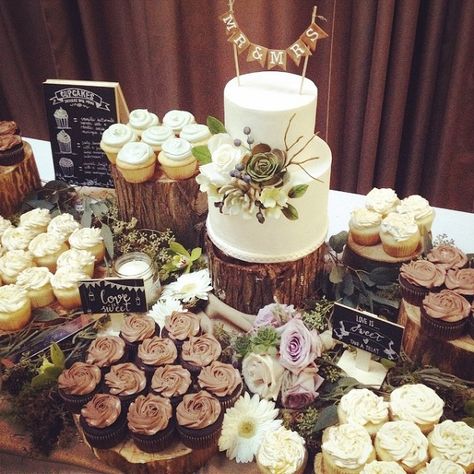 rustic woodland wedding cake and dessert table Rustic Wedding Desserts, Woodland Wedding Cake, Wedding Cake And Cupcakes, Wedding Cupcakes Rustic, Wedding Cake Tree, Rustic Cupcakes, Birch Tree Wedding, Rustic Woodland Wedding, Cupcake Stand Wedding