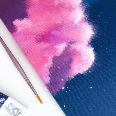 Adding in the finishing touches #dreamycandyskies How To Paint Pink Clouds, Pink Sky Canvas Painting, Purple Cloud Painting, Pink Clouds Aesthetic Painting, Pink And Purple Clouds Painting, Cotton Candy Clouds, Cotton Candy Sky, Free Canvas, Gouache Art