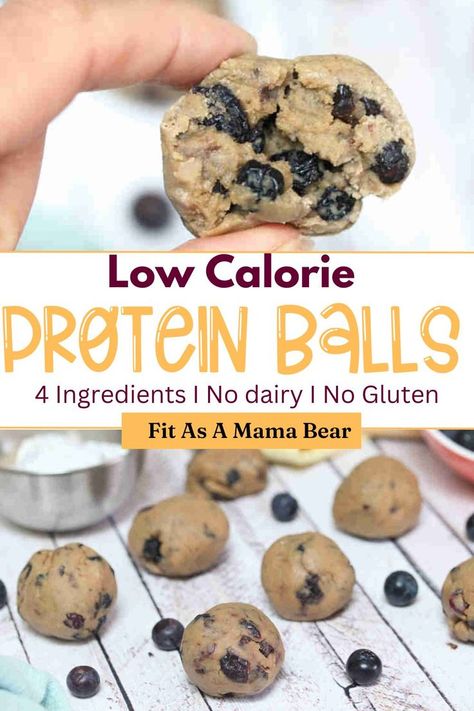 Two images of protein balls with dried blueberries the top a close up with text between the images. Low Calorie Protein Balls, Hi Protein Snacks, Low Calorie High Protein Snacks, Recipe Low Calorie, Protein Balls Recipe, Low Calorie Snack, Low Calorie Baking, Protein Balls Healthy, Low Calorie Protein