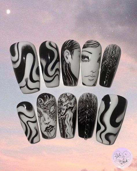 Junji Ito Tomie, Nails Japanese, Sailor Moon Nails, Moon Nails, Gothic Nails, Anime Nails, Edgy Nails, Goth Nails, Pretty Gel Nails