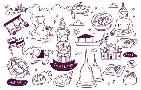 Thailand travel destination doodle | Premium Vector #Freepik #vector Thailand Doodle, Sun Doodle, Icons Hand Drawn, Thailand Travel Destinations, Creative School Project Ideas, Sun Burst, Graffiti Doodles, Travel Thailand, Doodle Cartoon